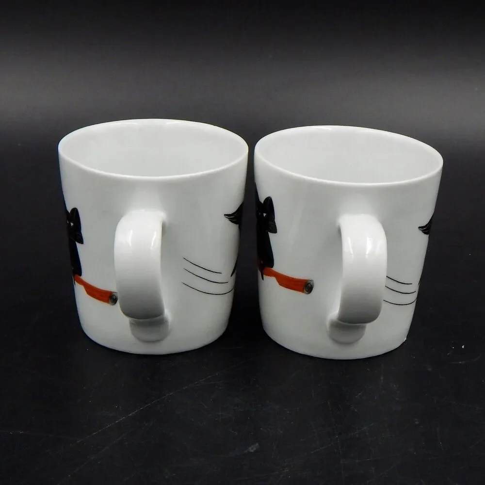 Crate And Barrel Black Cat Demitasse Coffee Cup Mug Set 2 Riding Broom Halloween